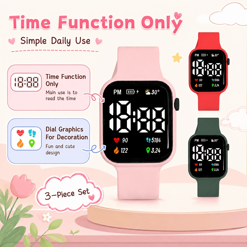 3pcs Square LED Digital Watch Set, Unisex Gift